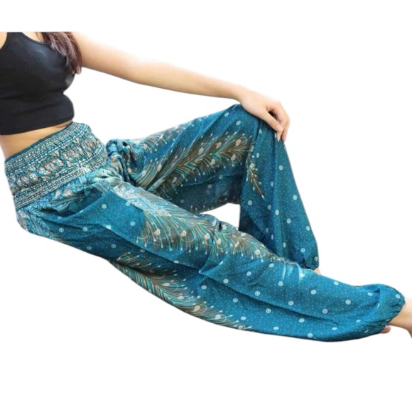 Yoga Lounge Festival High Waisted Rayon Harem Pants Turquoise Peacock Print OS - Picture 7 of 7
